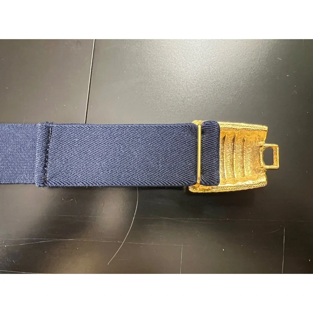 Day-Lor USA Vintage Navy Blue Elastic Cinch Belt‎ Gold Faux Pearl Buckle Retro